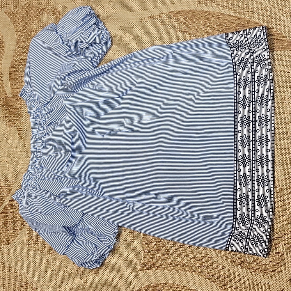 crown & ivy Blue and White Striped Off-Shoulder Midi Dress with Embroidered Hem